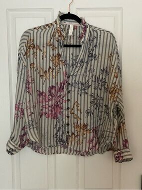 Anthropologie’s Pilcro Brand Striped Floral Button-Up Top in Cream, Pink & Gray